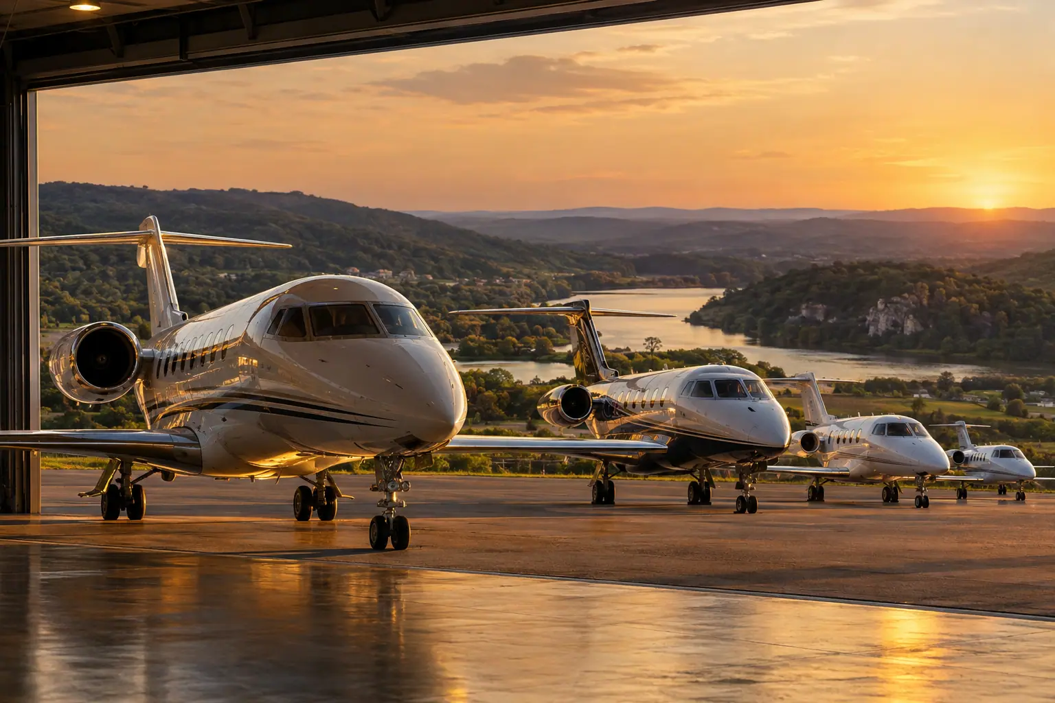 Business jets of different sizes on a ramp