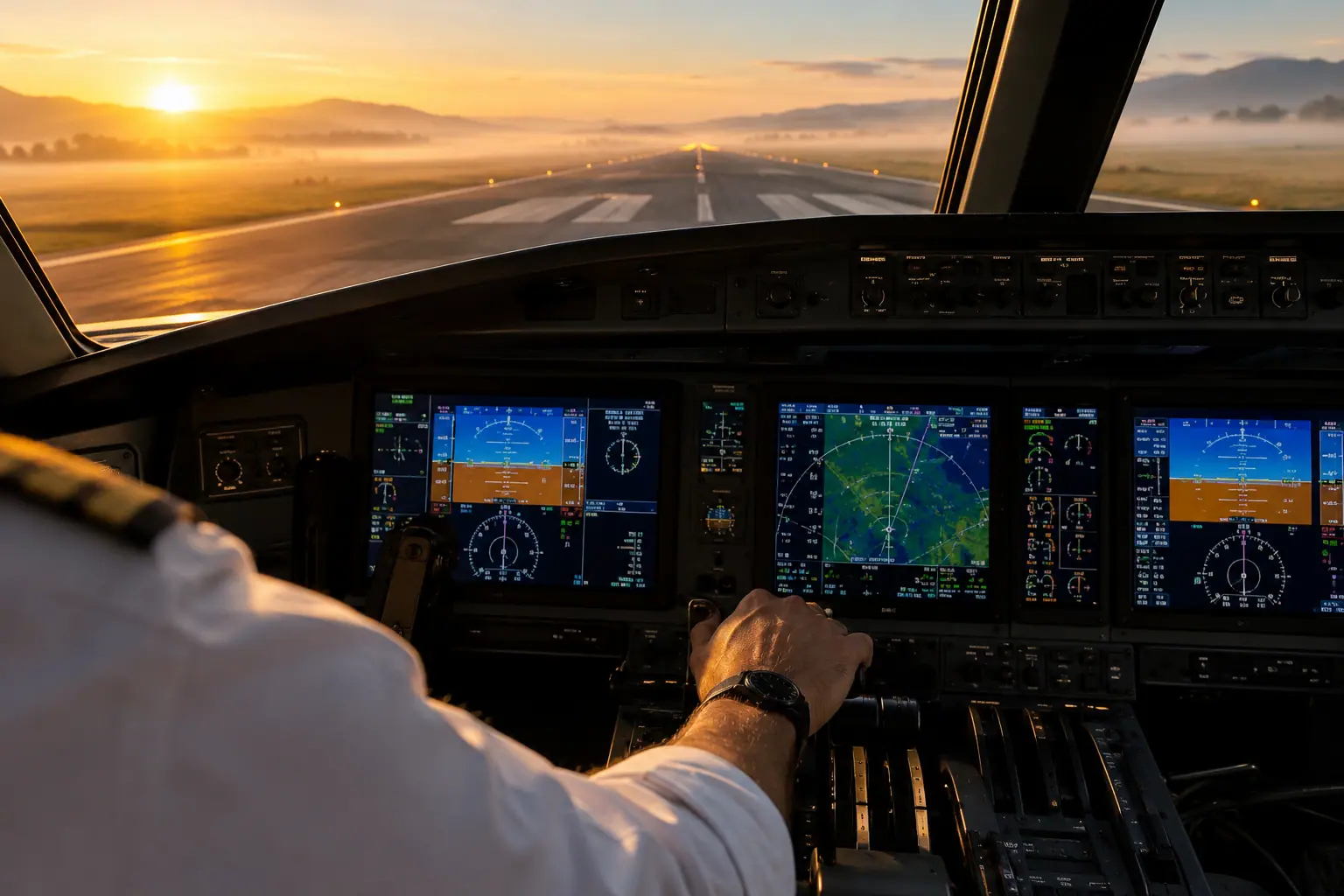 Business jet cockpit before departure