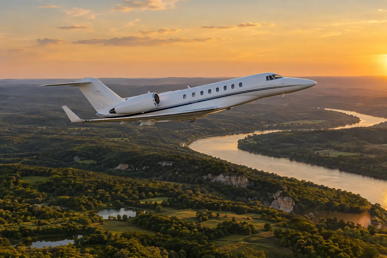 Private jet climbing out over Nashville
